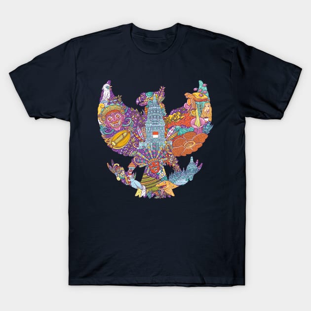 colorful illustration doodle of indonesia with garuda pancasila shape T-Shirt by ginanperdana